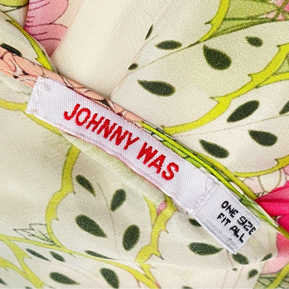 JOHNNY WAS white pink green floral print GALORE TASSEL TIE SILK PONCHO top - Picture 8 of 13